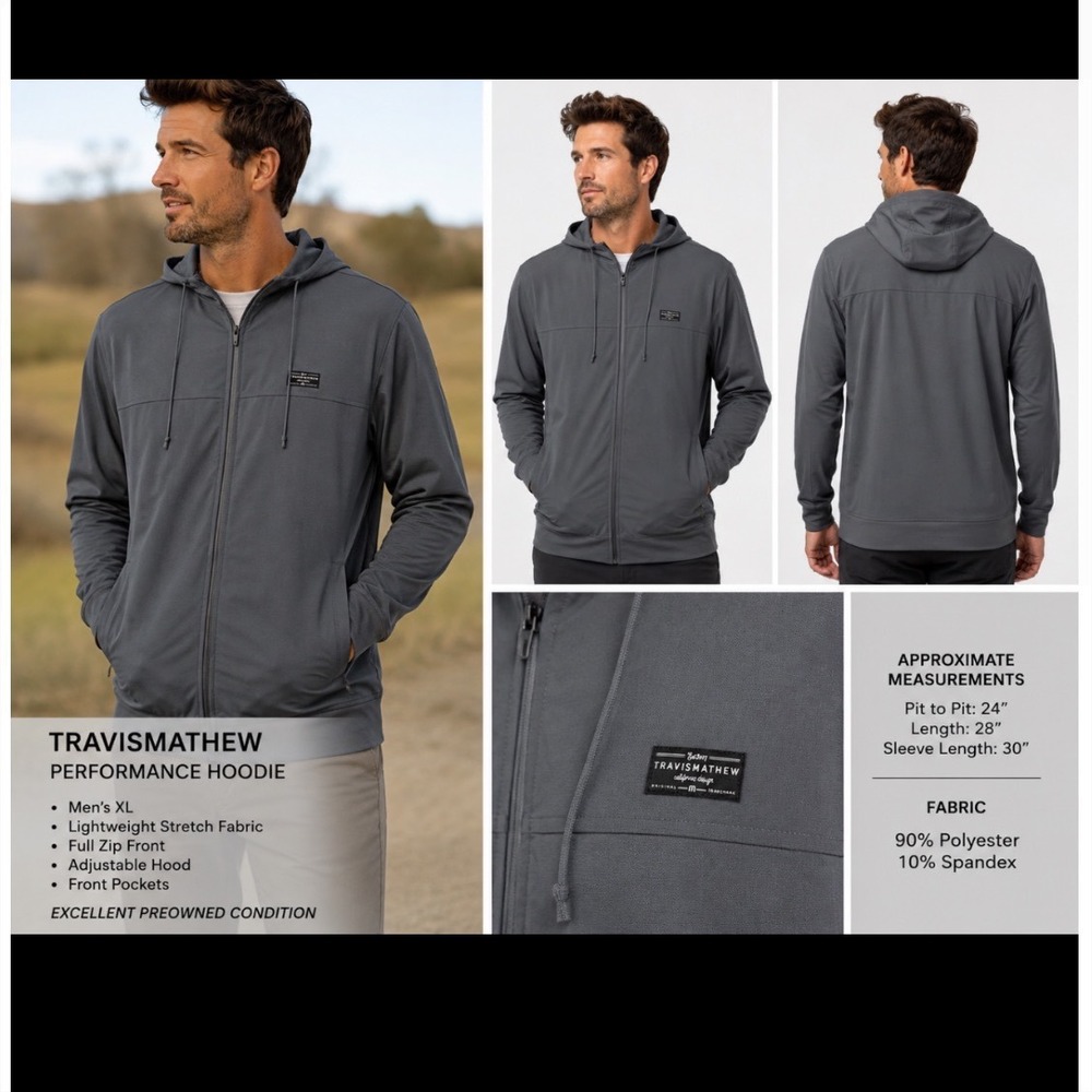 TravisMathew Mens XL Performance Hoodie Full Zip Grey Lightweight Stretch Jacket